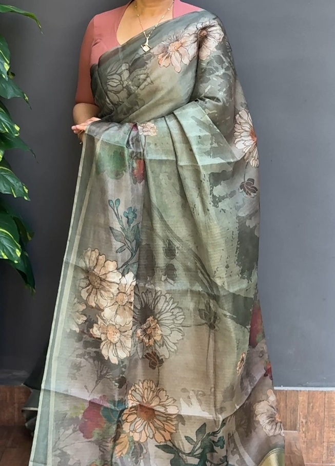 1852SR12 | Metalic Green Organza Saree W/ Full Body Multicolor Floral Design W/ Border &Pallu