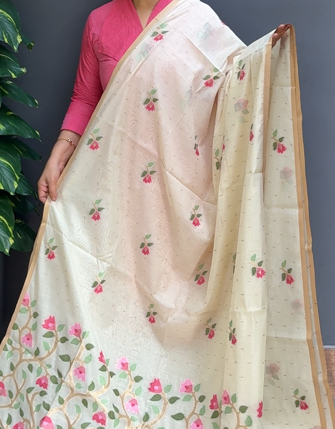 1891SR02 | Pearl Cream Soft Chanderi Saree W/ Full Body Jamdhani Woven Floral Motifs W/ Border & Pallu
