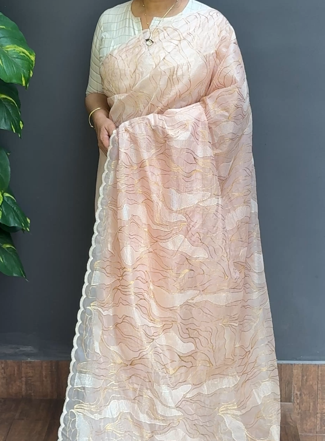 1870SR02 | Pastel Peach Organza Saree W/ Full Body Geometrical-Abstract Design W/ Scallop Border & Pallu