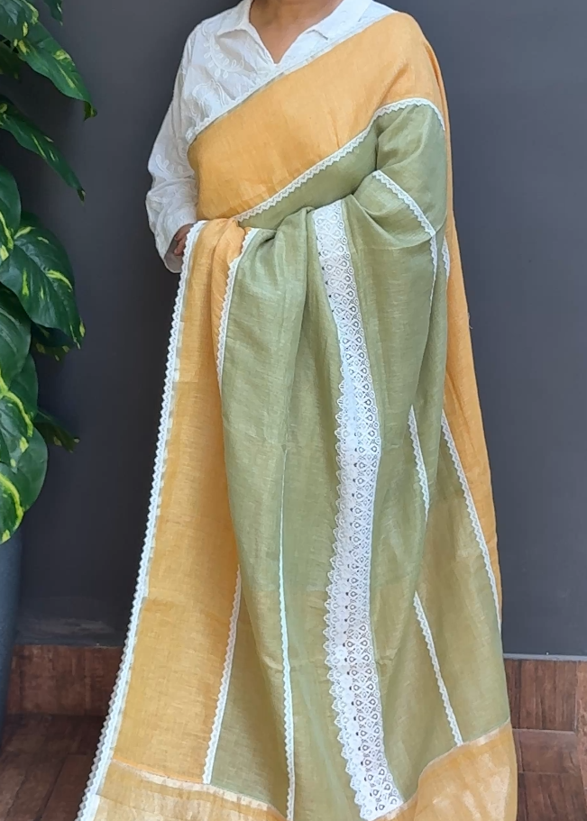 1911SR02 | Pastel Green With Light Mustard Pure Linen Saree W/ Full Body Crochet Lace Work Border & Pallu