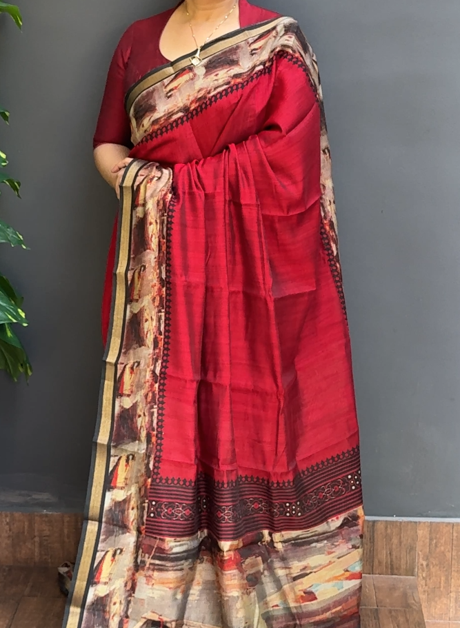 1861SR02 | Red Tinted Maroon Soft Semi Silk Saree W/ Digital Printed Border & Pallu