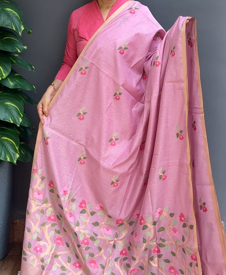 1891SR03 | Pastel Baby Pink Soft Chanderi Saree W/ Full Body Jamdhani Woven Floral Motifs W/ Border & Pallu