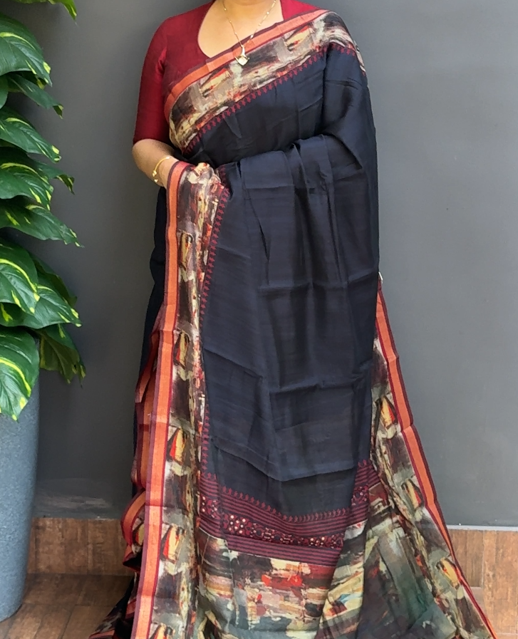 1861SR03 | Midnight Blue Soft Semi Silk Saree W/ Digital Printed Border & Pallu