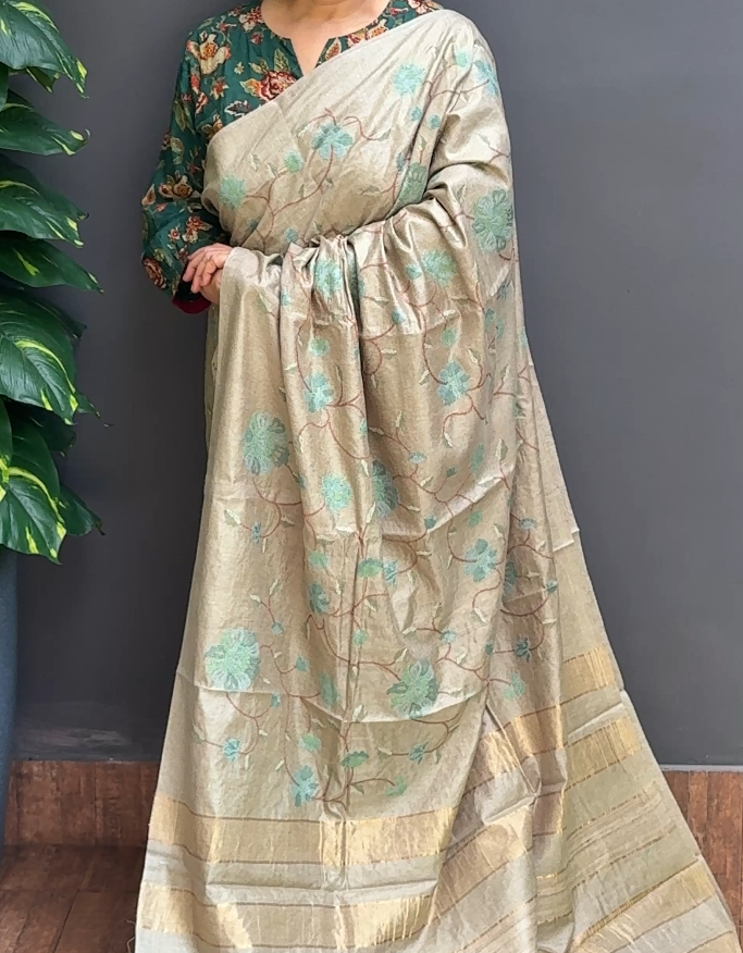 1899SR04 | Pastel Olive Green Pure Noil Tussar Silk Saree W/Full Body Multicolor Floral Cross-Stitch Embroidery Work W/ Pallu