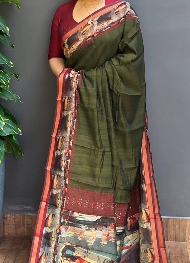 1861SR04 | Dark Mehandi Green Soft Semi Silk Saree W/ Digital Printed Border & Pallu