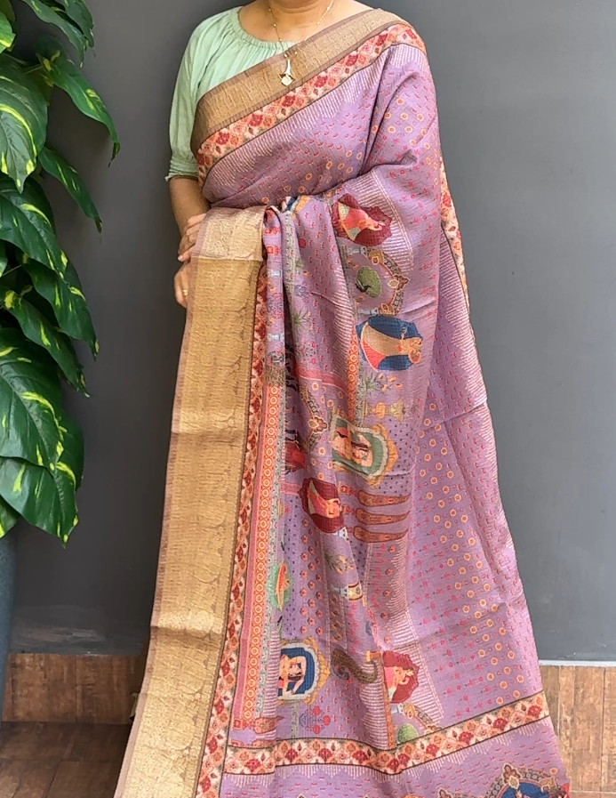1869SR04 | Lavender Soft Crushed Silk Saree W/Full Body Multicolor Floral-Figure Motifs W/ Banarasi Border & Pallu