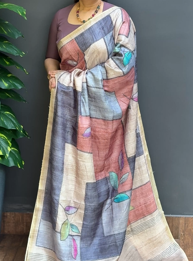 1874SR05 | Multicolor Soft Semi Tussar Silk Saree W/ Full Body Geometrical Abstract Design-Kantha Work W/ Border & Pallu