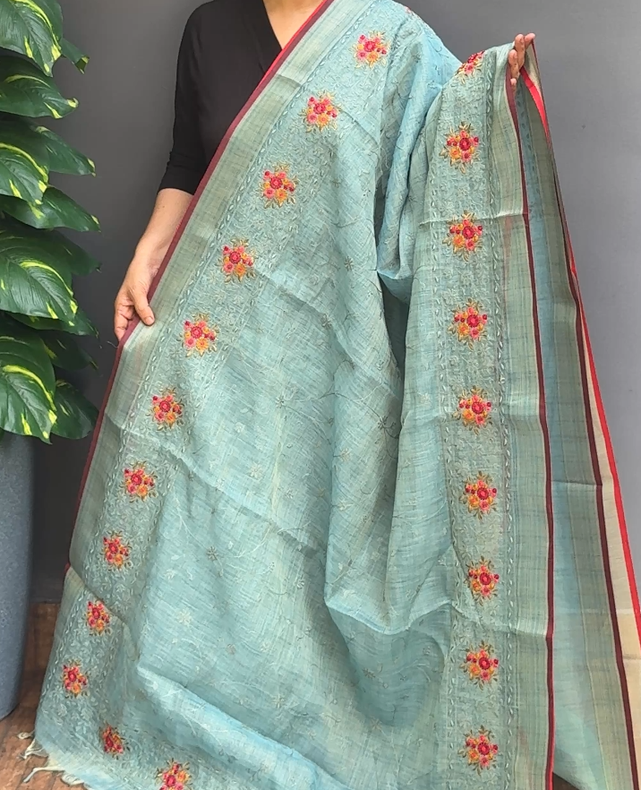 1881SR05 | Aqua Blue Pure Linen Saree W/ Full Body Thread Embroidery Work W/ Border & Pallu