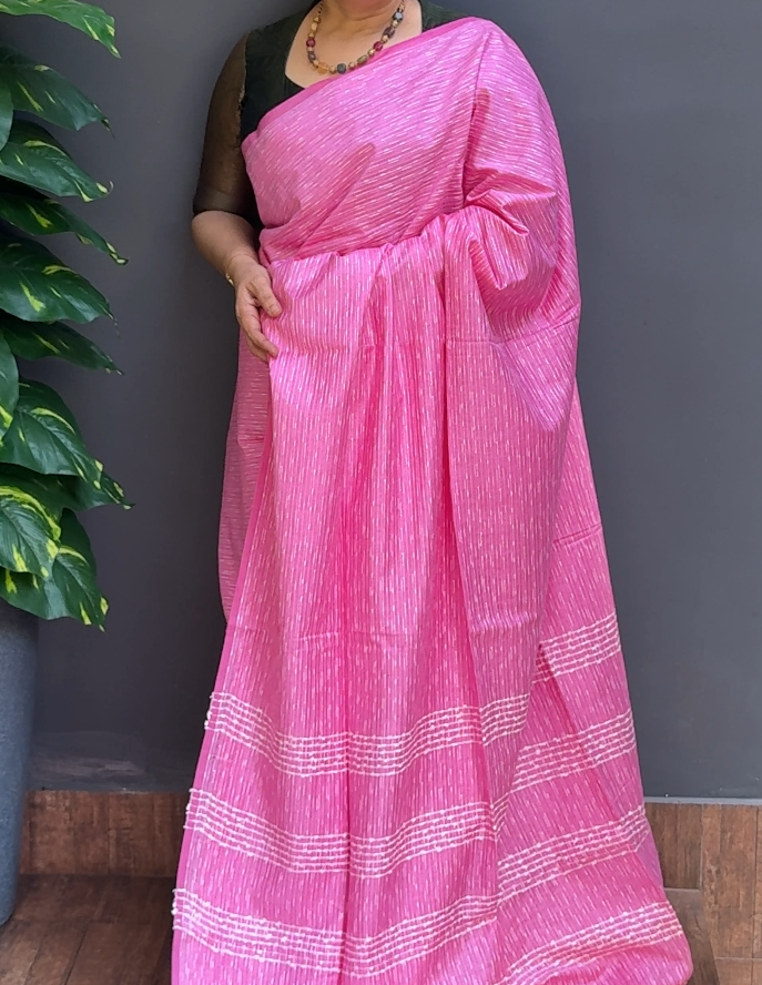 1873SR05 | Baby Pink Soft Semi Tussar Saree W/ Full Body Thread Woven Pattern W/ Pallu