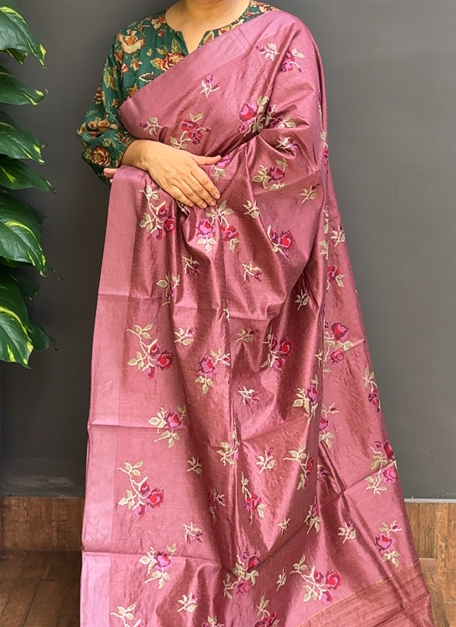 1899SR05 | Purple Pure Noil Tussar Silk Saree W/Full Body Multicolor Floral Cross-Stitch Embroidery Work W/ Pallu
