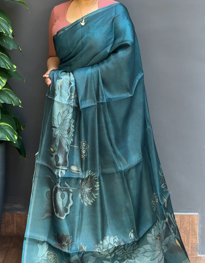 1852SR06 | Peacock Green Organza Saree W/ Full Body Floral Design W/ Border &Pallu