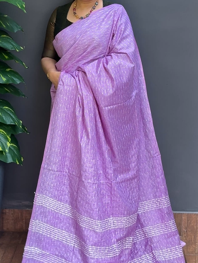 1873SR06 | Lailac Blended Lavender Soft Semi Tussar Saree W/ Full Body Thread Woven Pattern W/ Pallu