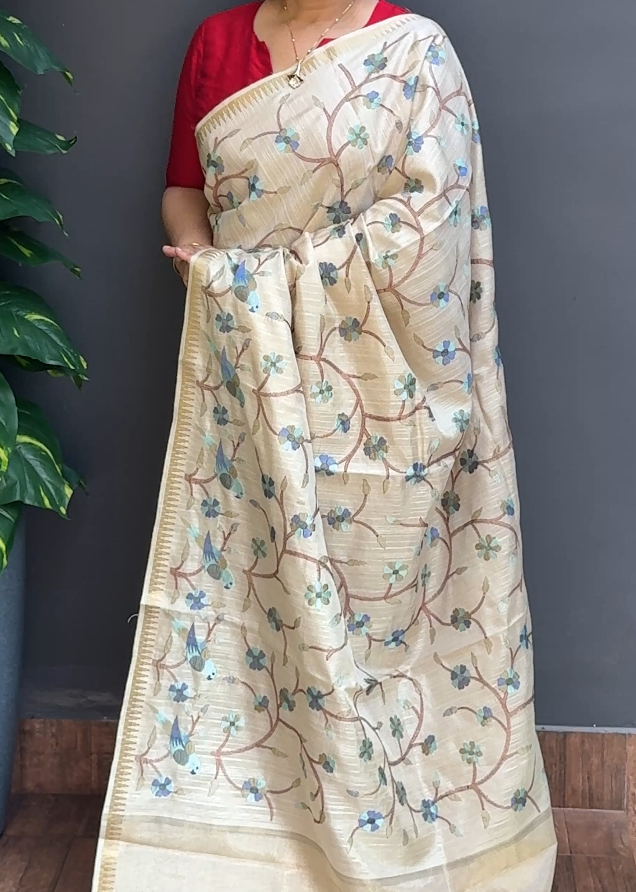 1864SR06 | Pearl Cream Soft Semi Jute Silk Saree W/ Full Body Multicolor Floral-Figure Embroidery Work W/ Border & Pallu