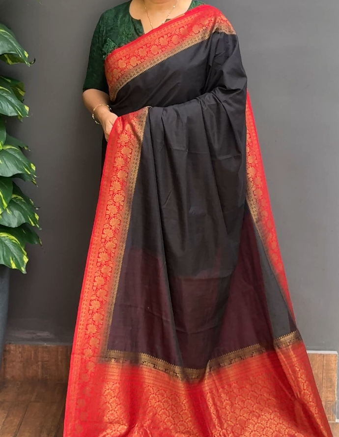 1879SR07 | Jet Black With Chilly Red Soft Semi Silk Saree W/ Banarasi Border & Brocade Pallu