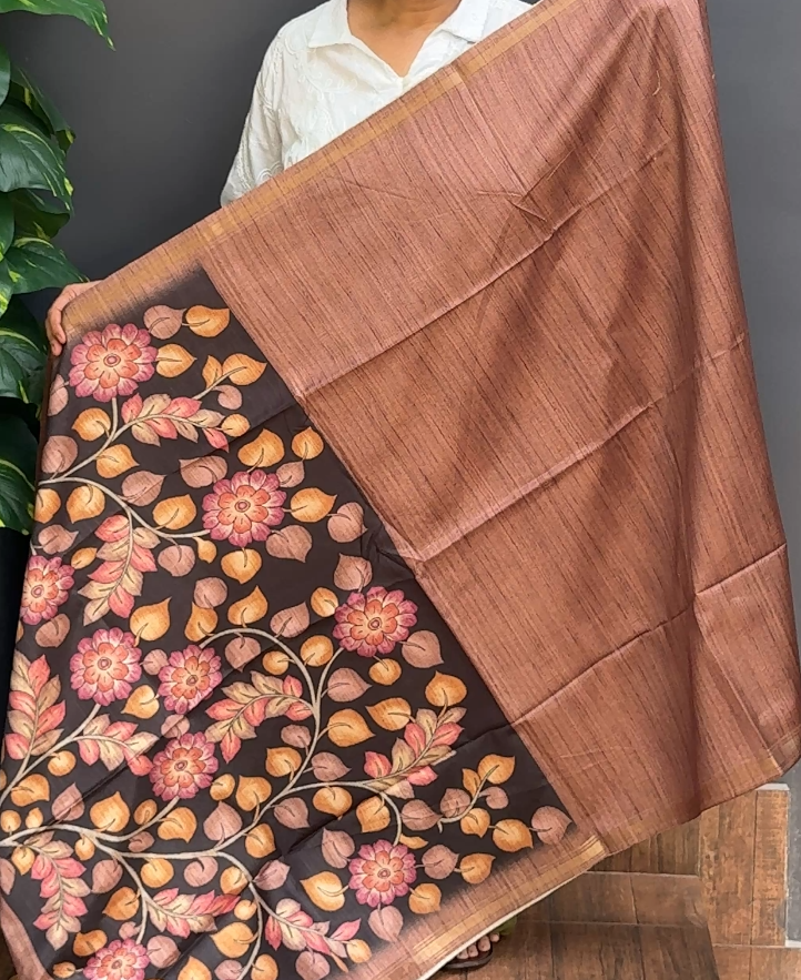1886SR07 | Brown With Black Soft Semi Silk Saree W/ Border & Kalamkari Pallu