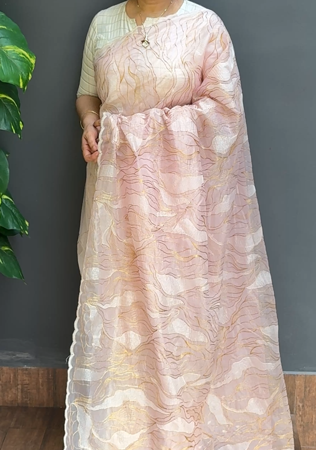 1870SR07 | Pastel Baby Pink Organza Saree W/ Full Body Geometrical-Abstract Design W/ Scallop Border & Pallu