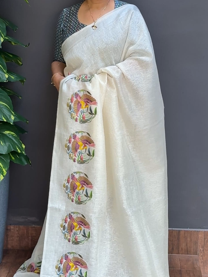 1859SR07 | Pearl Cream Soft Pure Silk Linen Saree W/ Full Body Butti Work W/ Border & Pallu