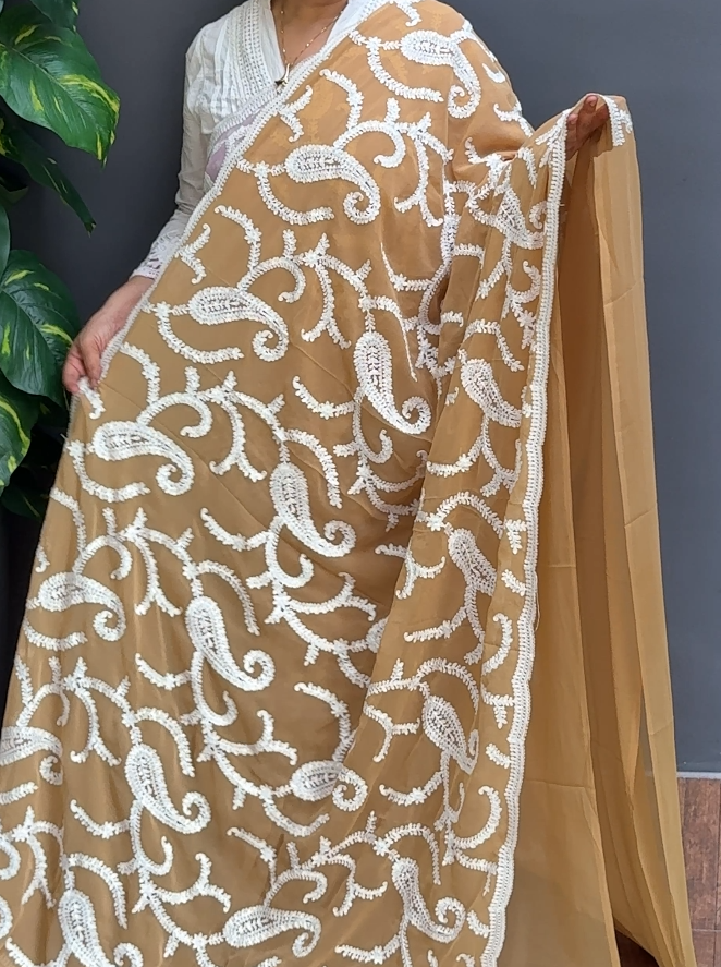 1896SR07 | Beige Blended Brown Chiffon Georgette Saree W/ Full Body Thread Woven Pattern W/ Border & Pallu