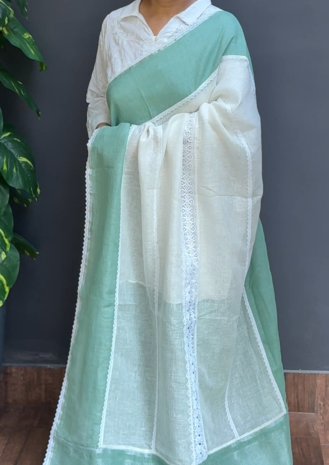 1911SR07 | Off-Cream With Aqua Green Pure Linen Saree W/ Full Body Crochet Lace Work Border & Pallu