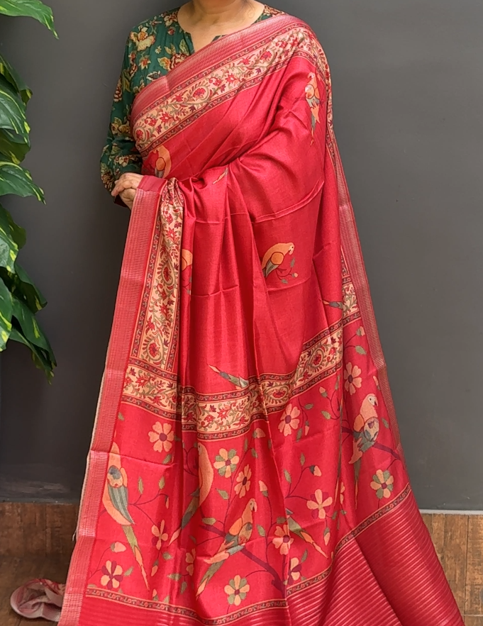 1888SR07 | Coral Peach Blended Tomato Red Soft Semi Silk Saree W/ Full Body Floral-Figure Motifs W/ Border & Pallu