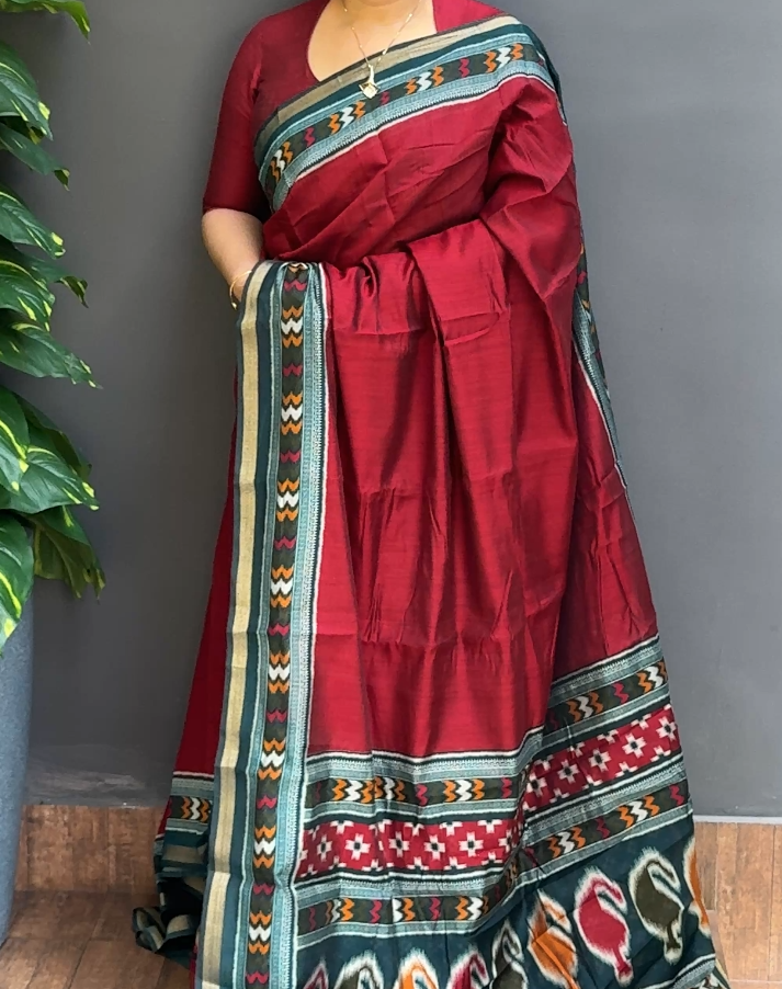 1861SR07 | Deepest Maroon Soft Semi Silk Saree W/ Ikkath Printed Border & Pallu