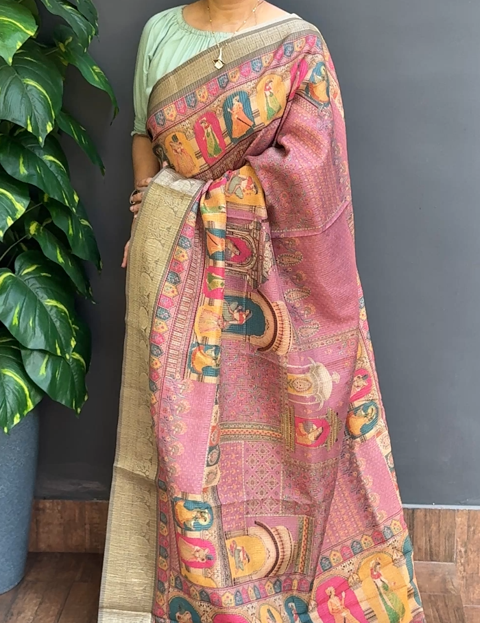 1869SR07 | Lavender Pink Soft Crushed Silk Saree W/Full Body Multicolor Floral-Figure Motifs W/ Banarasi Border & Pallu