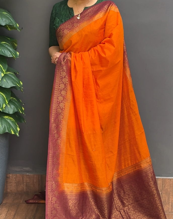 1879SR08 | Sunset Orange With Burgundy Soft Semi Silk Saree W/ Banarasi Border & Brocade Pallu