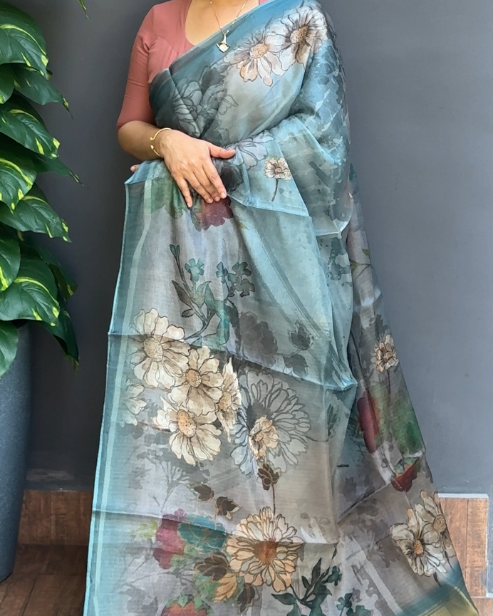 1852SR08 | Aqua Green Blended Aqua Blue Organza Saree W/ Full Body Multicolor Floral Design W/ Border &Pallu