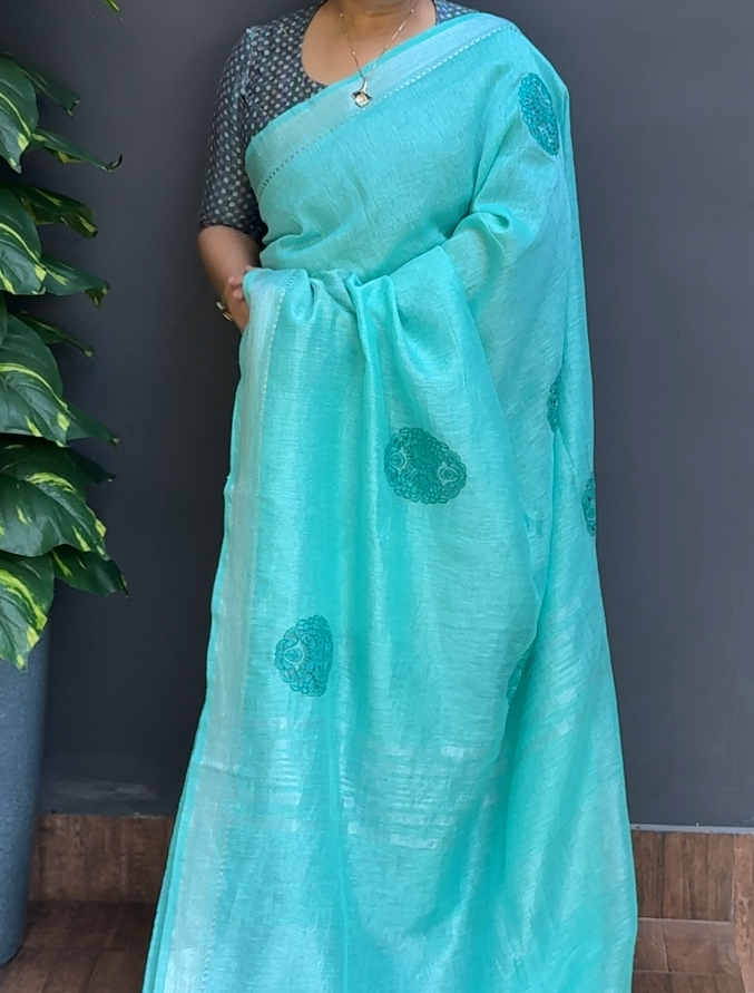 1859SR08 | Aqua Blue Soft Pure Silk Linen Saree W/ Full Body Cut-Work Motifs W/ Border & Pallu