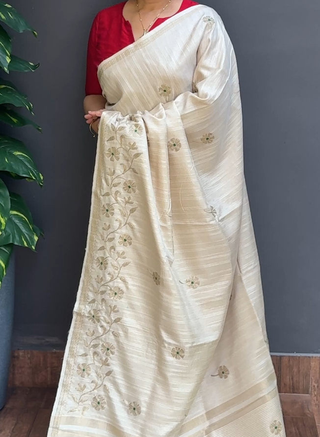 1864SR08 | Pearl Cream Soft Semi Jute Silk Saree W/ Full Body Floral Embroidery Work W/ Border & Pallu