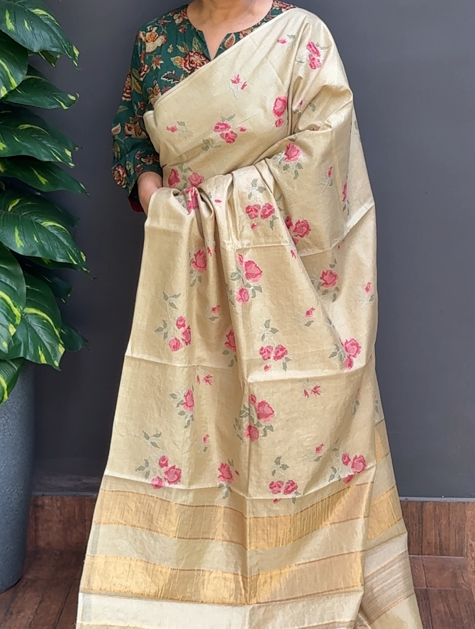1899SR08 | Pastel Olive Green Blended Light Pista Green Pure Noil Tussar Silk Saree W/Full Body Floral Cross-Stitch Embroidery Work W/ Pallu