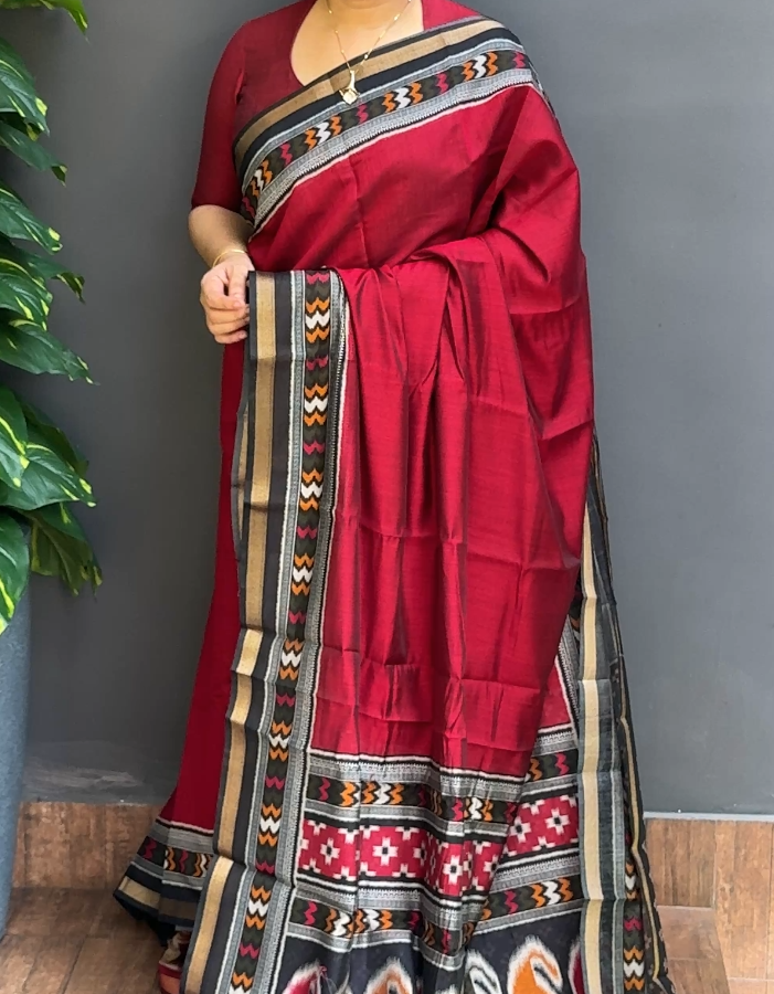 1861SR08 | Maroon Soft Semi Silk Saree W/ Ikkath Printed Border & Pallu