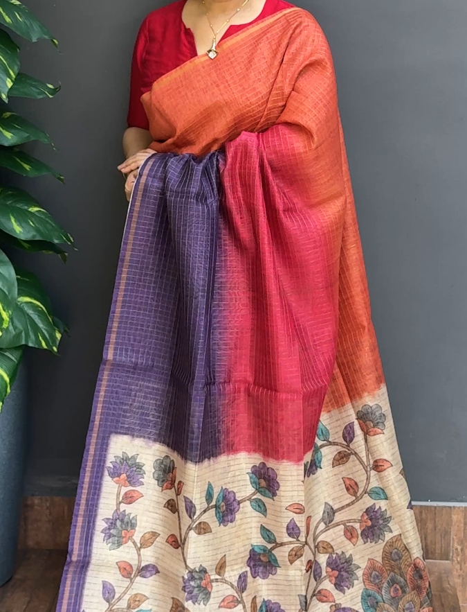 1866SR08 | Triple Color Soft Semi Silk Saree W/ Full Body Checkered Pattern W/ Border & Kalamkari Pallu