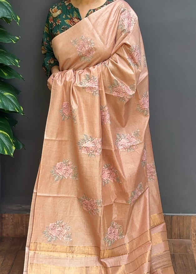 1899SR09 | Pastel Peach Blended Light Mauve Pure Noil Tussar Silk Saree W/Full Body Multicolor Floral Cross-Stitch Embroidery Work W/ Pallu