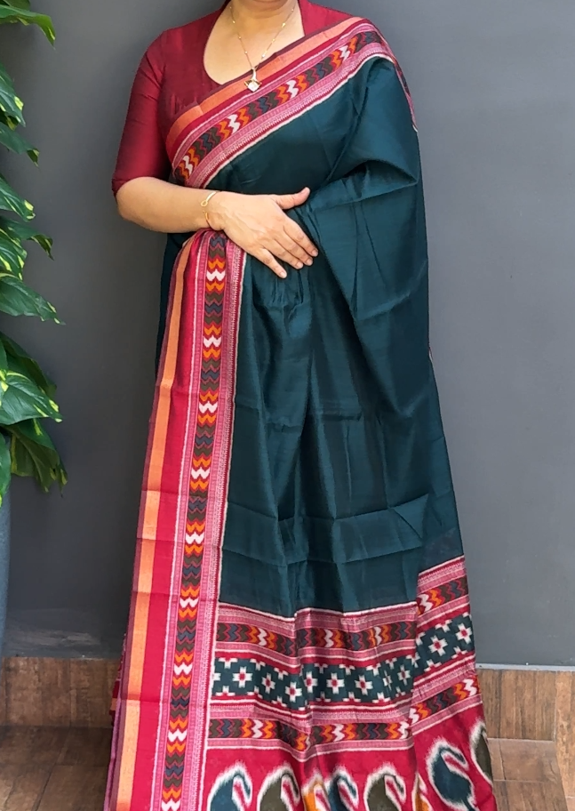 1861SR09 | Deepest Peacock Green Soft Semi Silk Saree W/ Ikkath Printed Border & Pallu