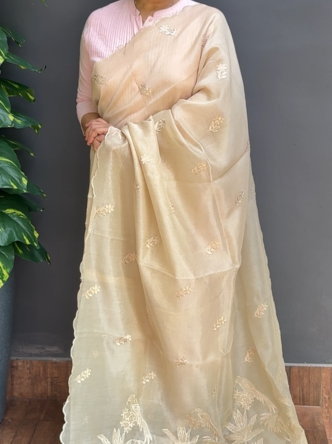 1858SR10 | Ivory Blended Chikku Organza Saree W/ Full Body Floral Embroidery Work Motifs W/ Scallop Border & Applique Work Pallu