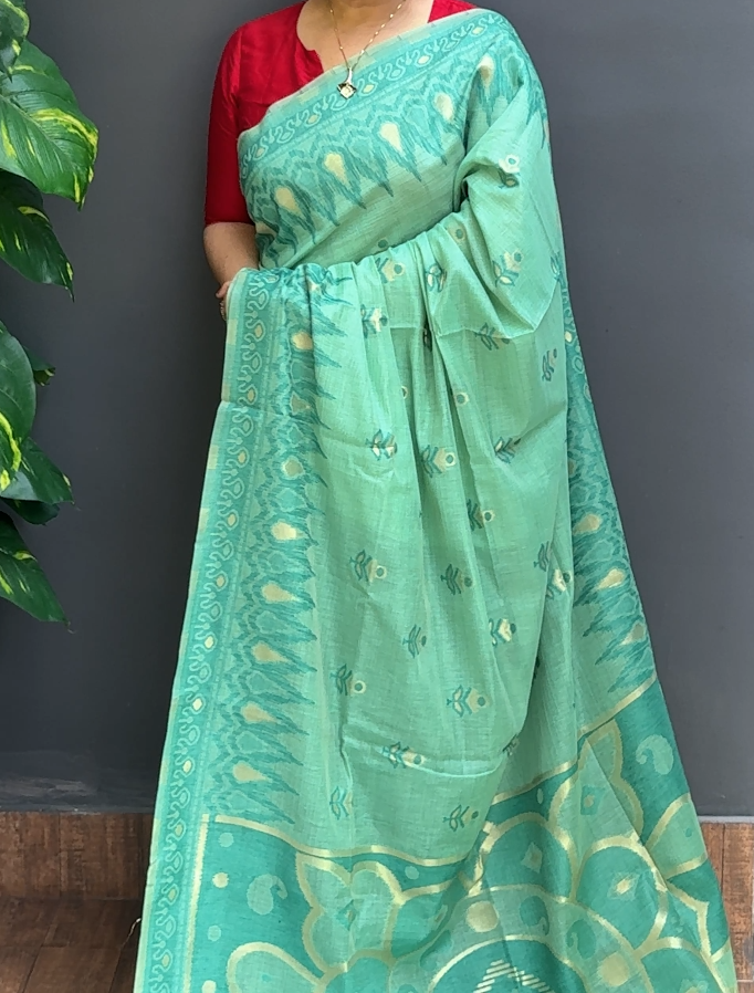 1890SR10 | Saphire Green Chanderi Blended Cotton Saree W/ Full Body Thread Woven Pattern W/ Border & Pallu