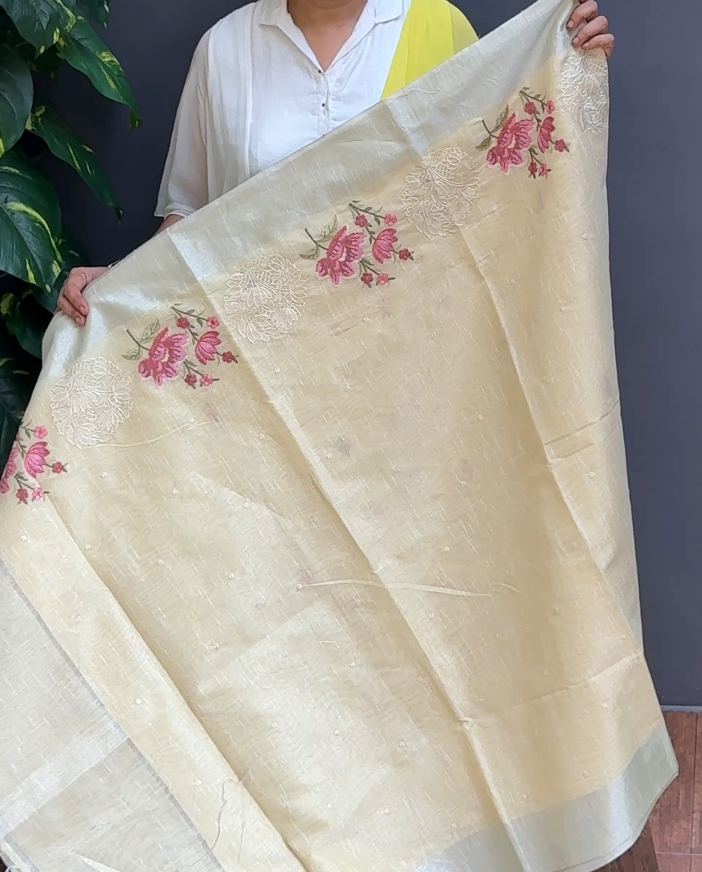 1969SR12 | Pastel Yellow Chanderi Blended Tissue Saree W/ Full Body Floral Embroidery Work Motifs W/ Border & Pallu