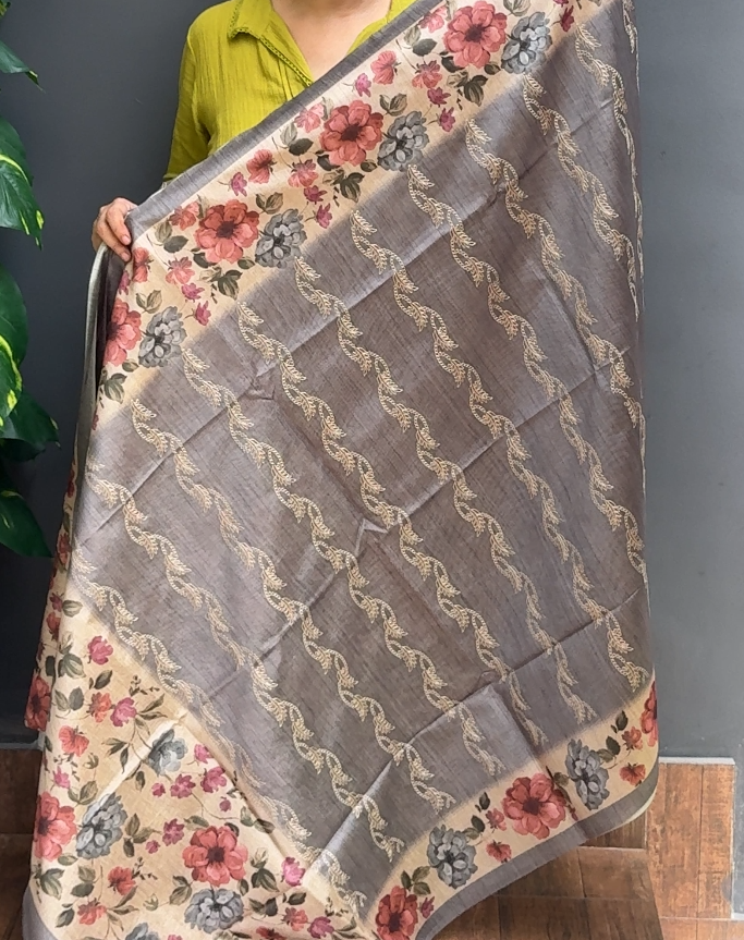 1964SR13 | Pencil Grey Soft Semi Silk Saree W/ Full Body Thread Embroidery Work W/ Border & Pallu