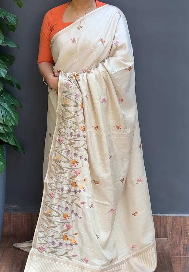 1666SR02 | Pearl Cream Soft Semi Silk Saree W/ Full Body Multicolor Floral Embroidery Work W/ Border & Pallu