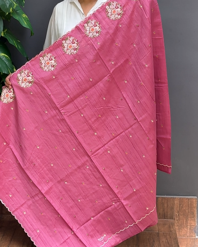1968SR02 | Mauve Soft Semi Silk Saree W/ Full Body Floral Embroidery Work Motifs W/ Border & Pallu