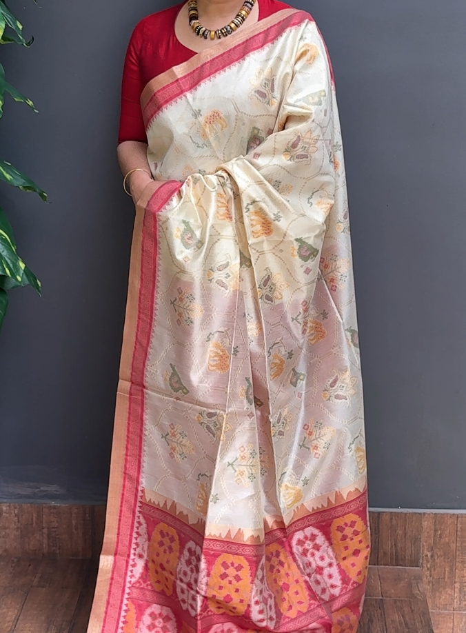 1940SR02 | Pearl Cream With Chilly Red Soft Semi Silk Saree W/ Full Body Ikkath Thread Woven Pattern W/ Border & Pallu