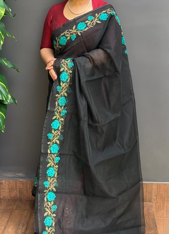 1938SR03 | Black Supernet Cotta Saree W/ Full Body Multicolor Cross Stitch Embroidery Work W/ Border & Pallu