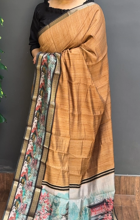 1900SR03 | Brownish Mustard Soft Semi Chanderi Saree W/ Full Body Digital Print W/ Border & Pallu