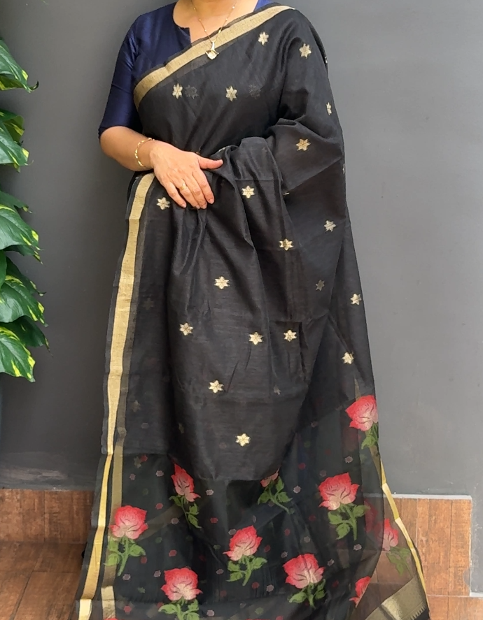 1880SR04 | Jet Black Linen Blended Jute Saree W/ Full Body Zari Woven Motifs W/ Border & Muslin Pallu