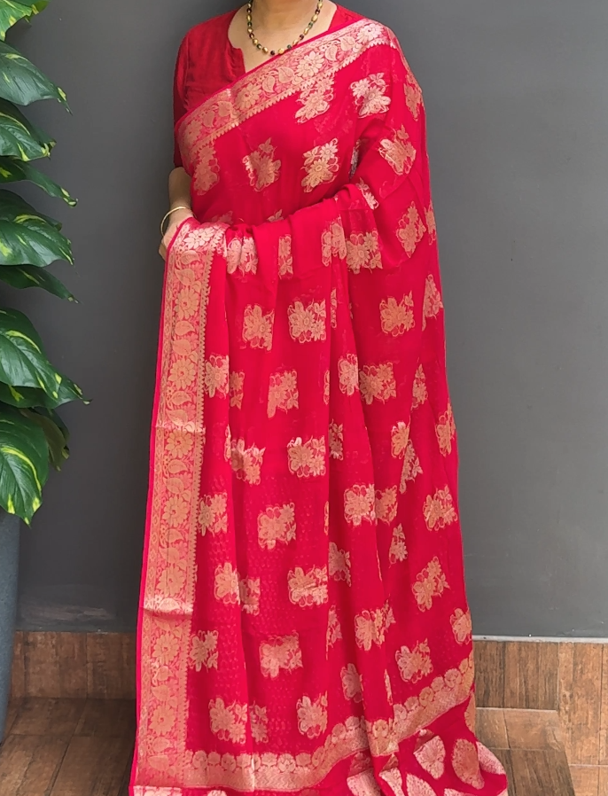 1980SR04 | Rani Pink Blended Fuchsia Majenta Crepe Georgette Saree W/ Full Body Banarasi Woven Motifs W/ Border & Pallu