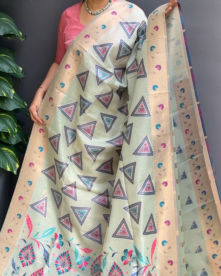 1955SR04 | Sage Green Kora Banarasi Saree W/ Full Body Multicolor Thread Woven Pattern W/ Border & Pallu