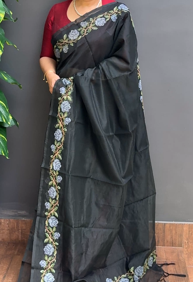 1938SR05 | Black Supernet Cotta Saree W/ Full Body Multicolor Cross Stitch Embroidery Work W/ Border & Pallu