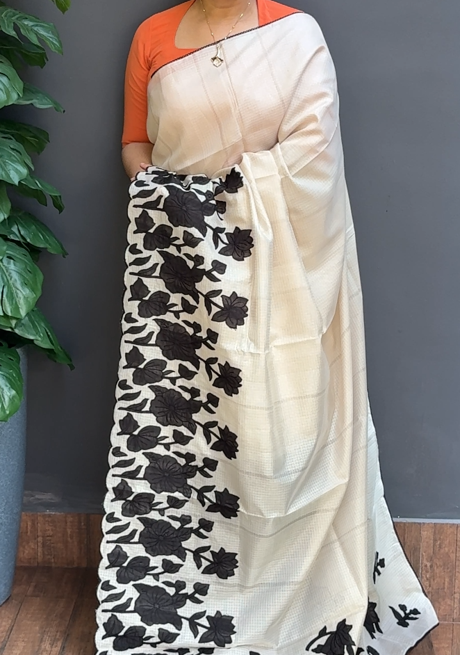 1666SR05 | Pearl Cream Soft Silky Cotta Saree W/ Full Body Floral Applique Work W/ Border & Pallu