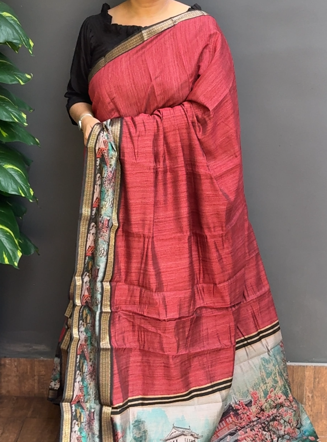 1900SR05 | Maroon Blended Dark Mauve Soft Semi Chanderi Saree W/ Full Body Digital Print W/ Border & Pallu